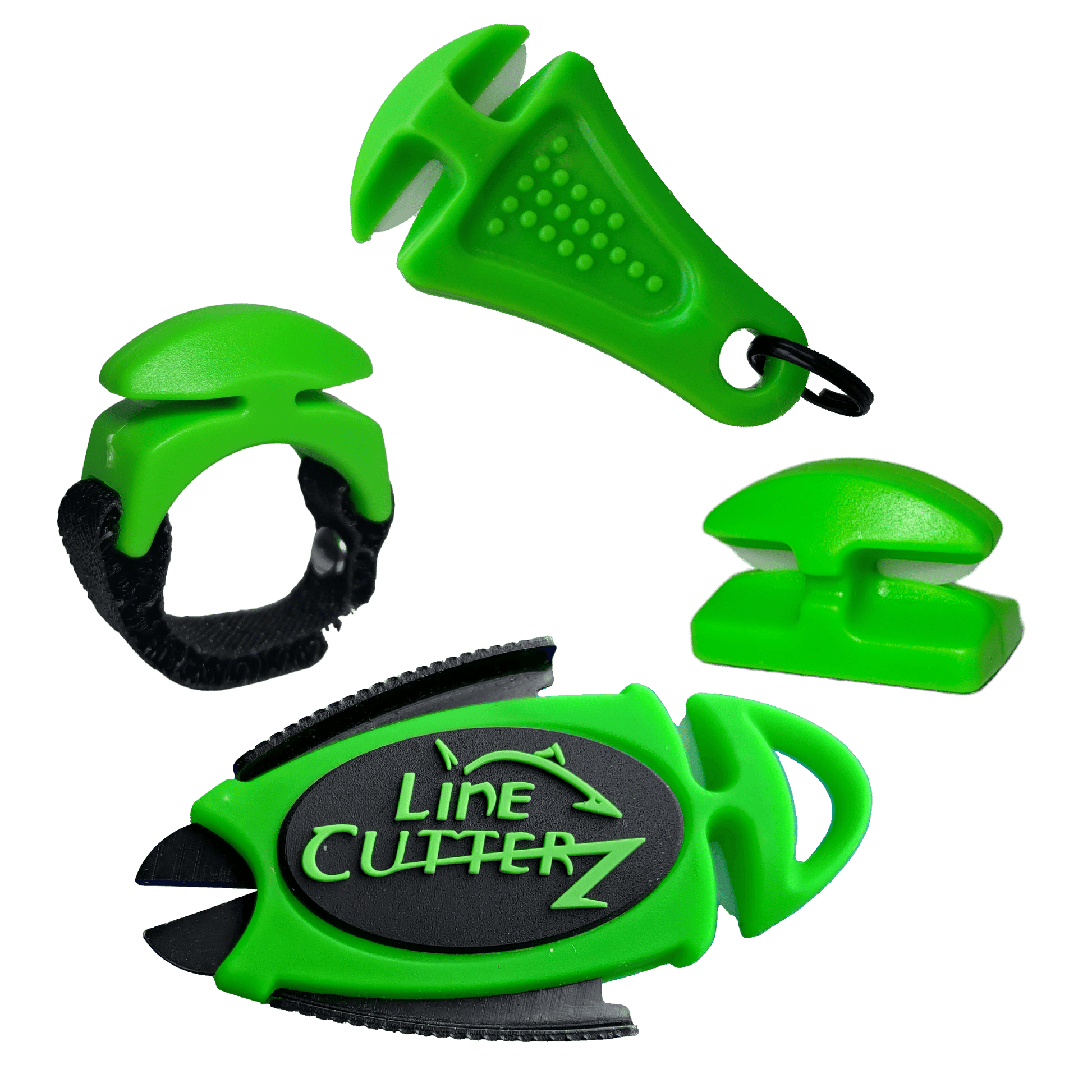 The "QUADRUPLE PLAY" Fishing Line Cutter Multi-Pack by Line Cutterz features four green cutters—ceramic blade ring, clip, keychain, and standalone cutter—each with unique designs, displayed on a white background.