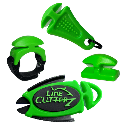 The "QUADRUPLE PLAY" Fishing Line Cutter Multi-Pack by Line Cutterz features four green cutters—ceramic blade ring, clip, keychain, and standalone cutter—each with unique designs, displayed on a white background.
