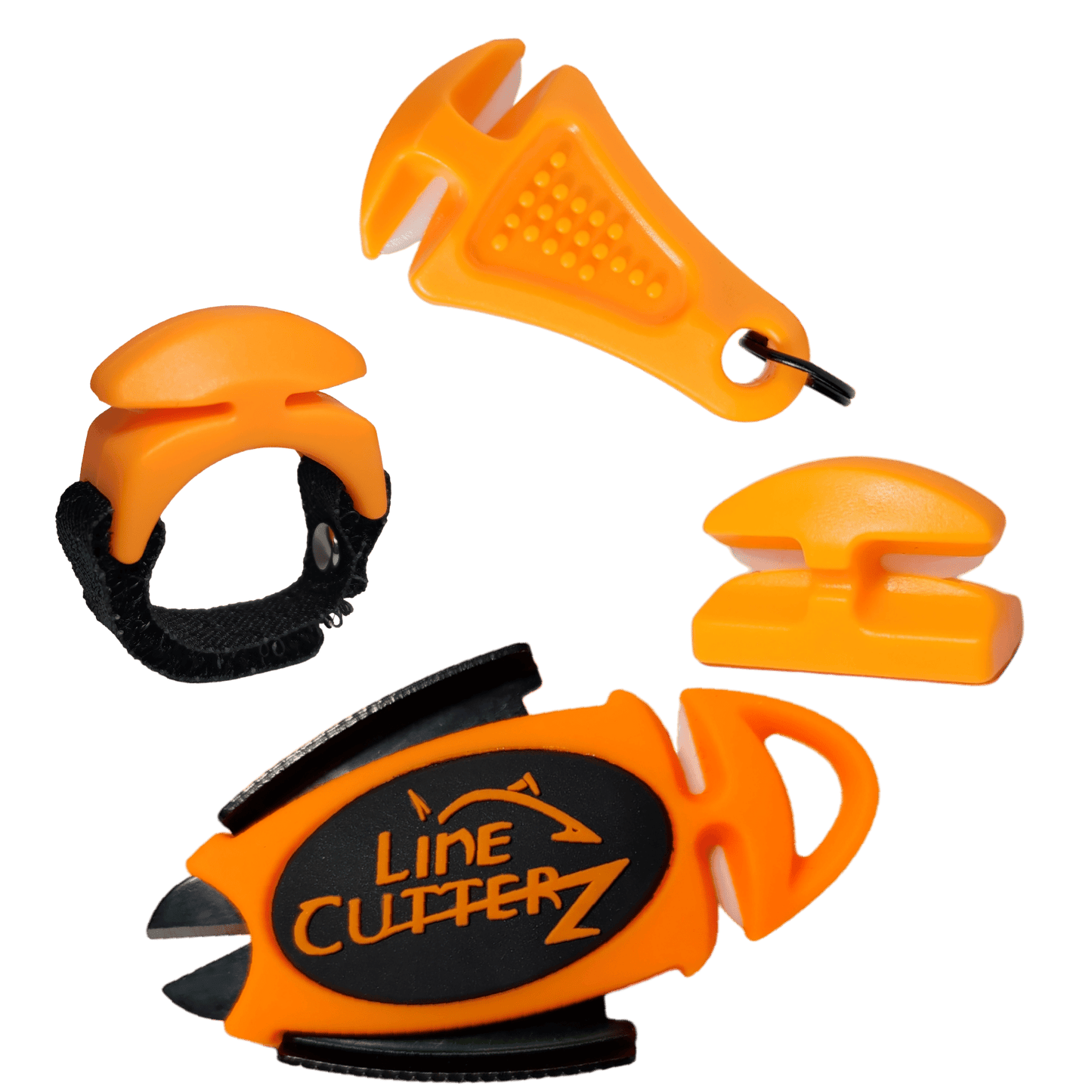 The Line Cutterz "QUADRUPLE PLAY" Fishing Line Cutter Multi-Pack includes an orange ring cutter, ceramic blade clipper with logo, keychain cutter, and small adhesive cutter—arranged on a white background.
