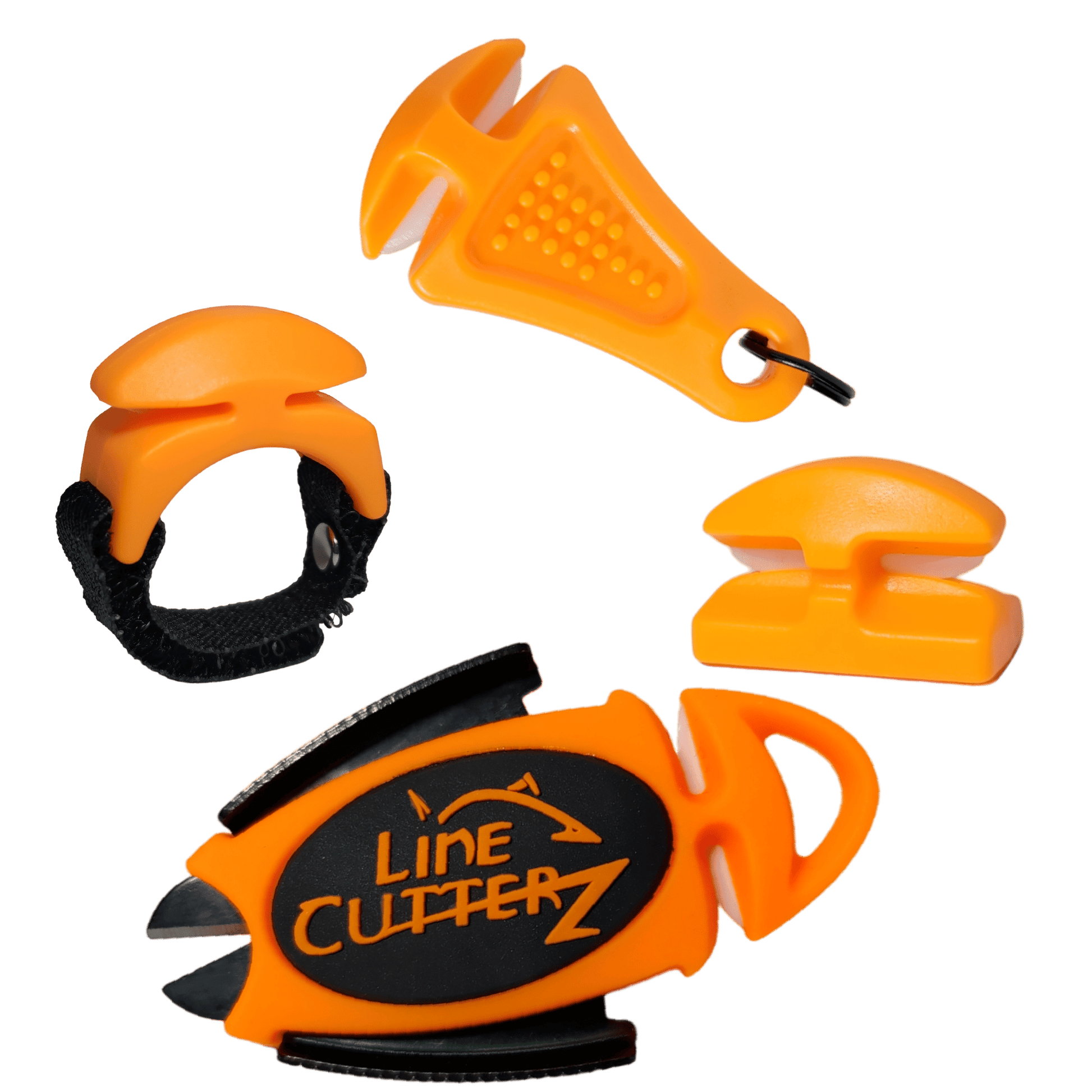 The Line Cutterz "QUADRUPLE PLAY" Fishing Line Cutter Multi-Pack includes an orange ring cutter, ceramic blade clipper with logo, keychain cutter, and small adhesive cutter—arranged on a white background.
