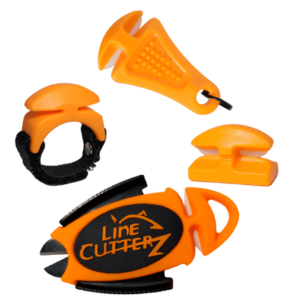 The Line Cutterz "QUADRUPLE PLAY" Fishing Line Cutter Multi-Pack includes an orange ring cutter, ceramic blade clipper with logo, keychain cutter, and small adhesive cutter—arranged on a white background.