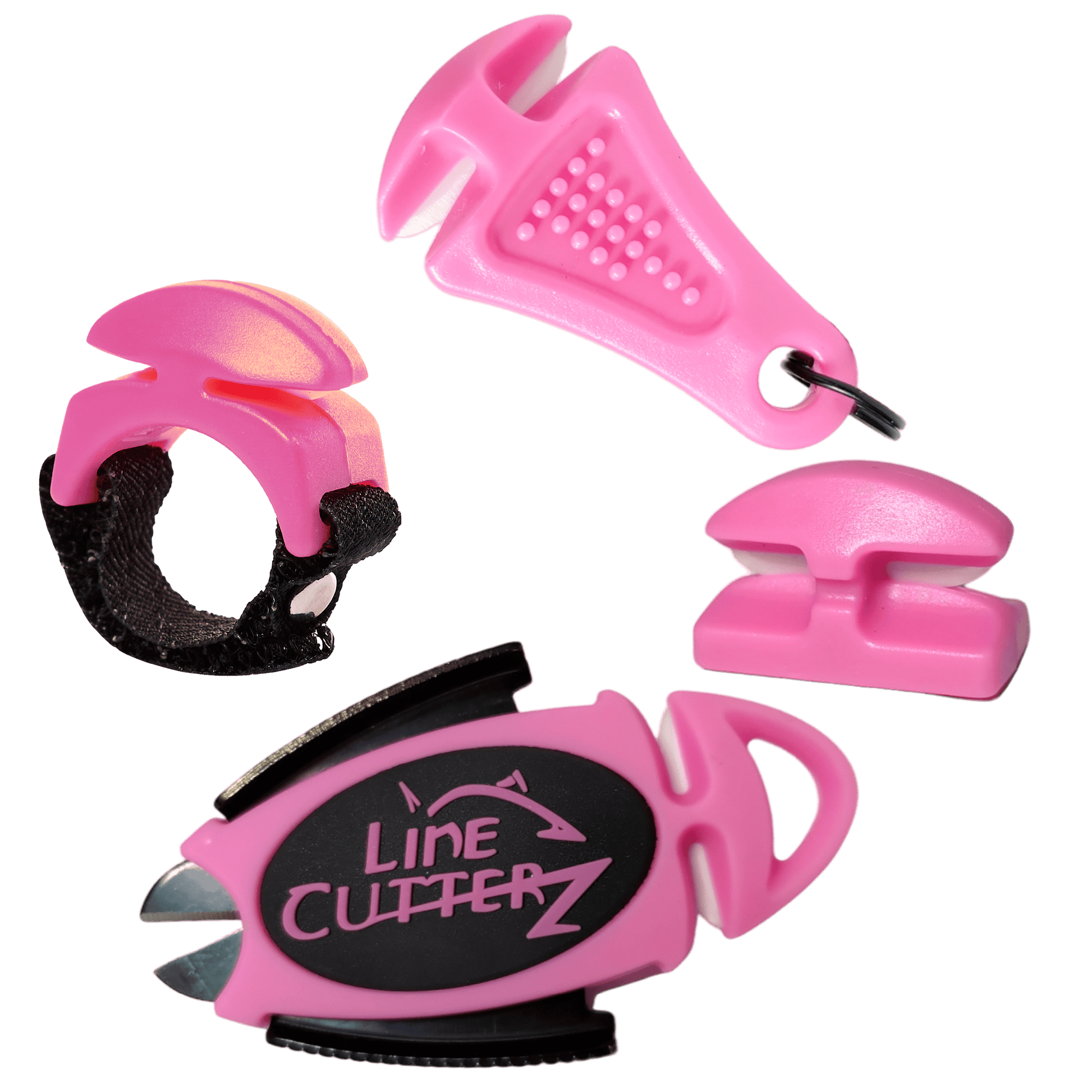 The Line Cutterz "QUADRUPLE PLAY" Fishing Line Cutter Multi-Pack features four pink cutters—a ceramic blade ring, keychain cutter, flat clip-on, and the classic palm-sized model—displayed on a white background.