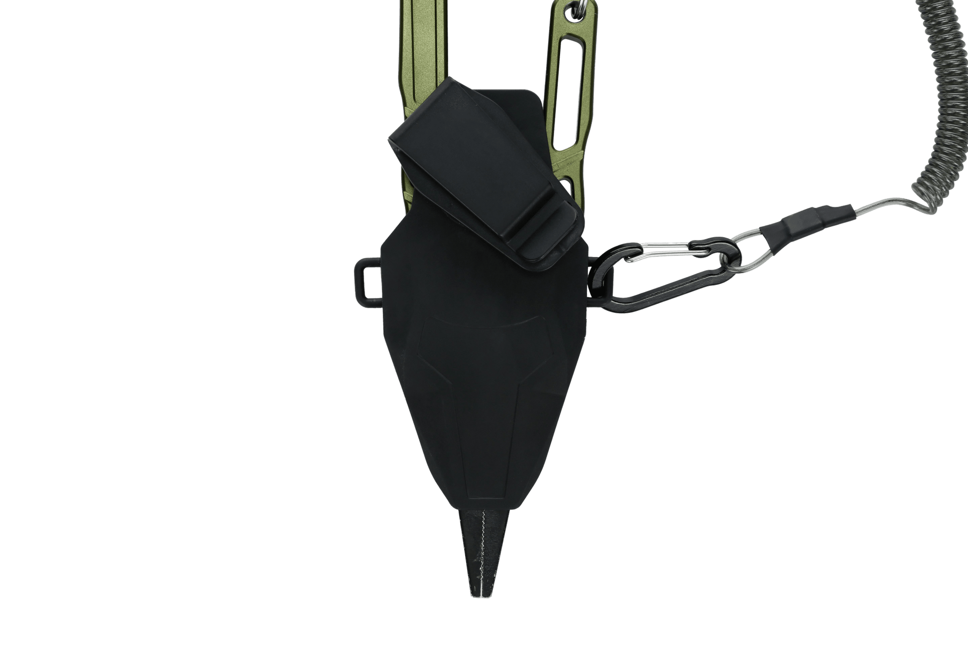 A close-up of a black, angular Line Cutterz Elite Pliers sheath by Line Cutterz, with a clip and coiled lanyard, attached to a green strap—ideal for storing fishing pliers—shown against a white background.