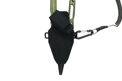 A close-up of a black, angular Line Cutterz Elite Pliers sheath by Line Cutterz, with a clip and coiled lanyard, attached to a green strap—ideal for storing fishing pliers—shown against a white background.