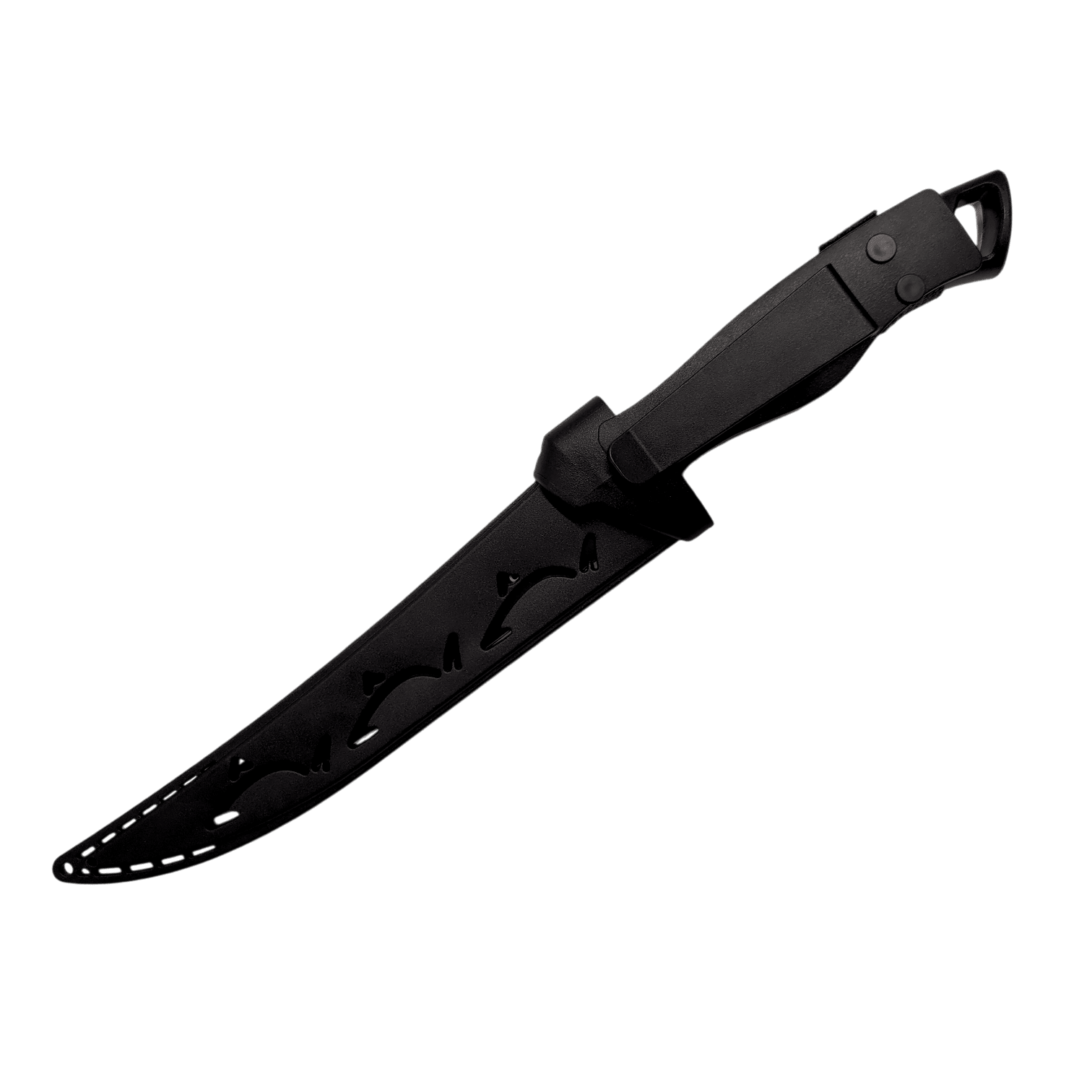 The Line Cutterz Elite Fillet Knife by Line Cutterz features a curved black stainless steel blade with decorative cutouts and comes in a matching black sheath, all set against a plain white background.
