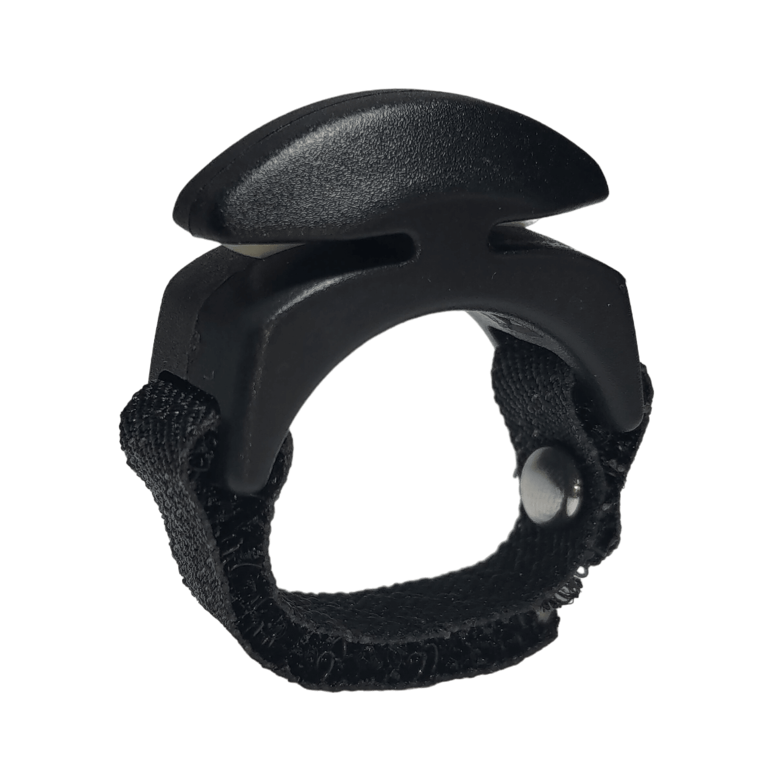 The Line Cutterz Ceramic Blade Ring, by Line Cutterz, is a black plastic and fabric ring with a curved top, adjustable Velcro strap, side metal rivet, and rust-proof ceramic blade—ideal as a fishing line cutter. Shown on plain white background.