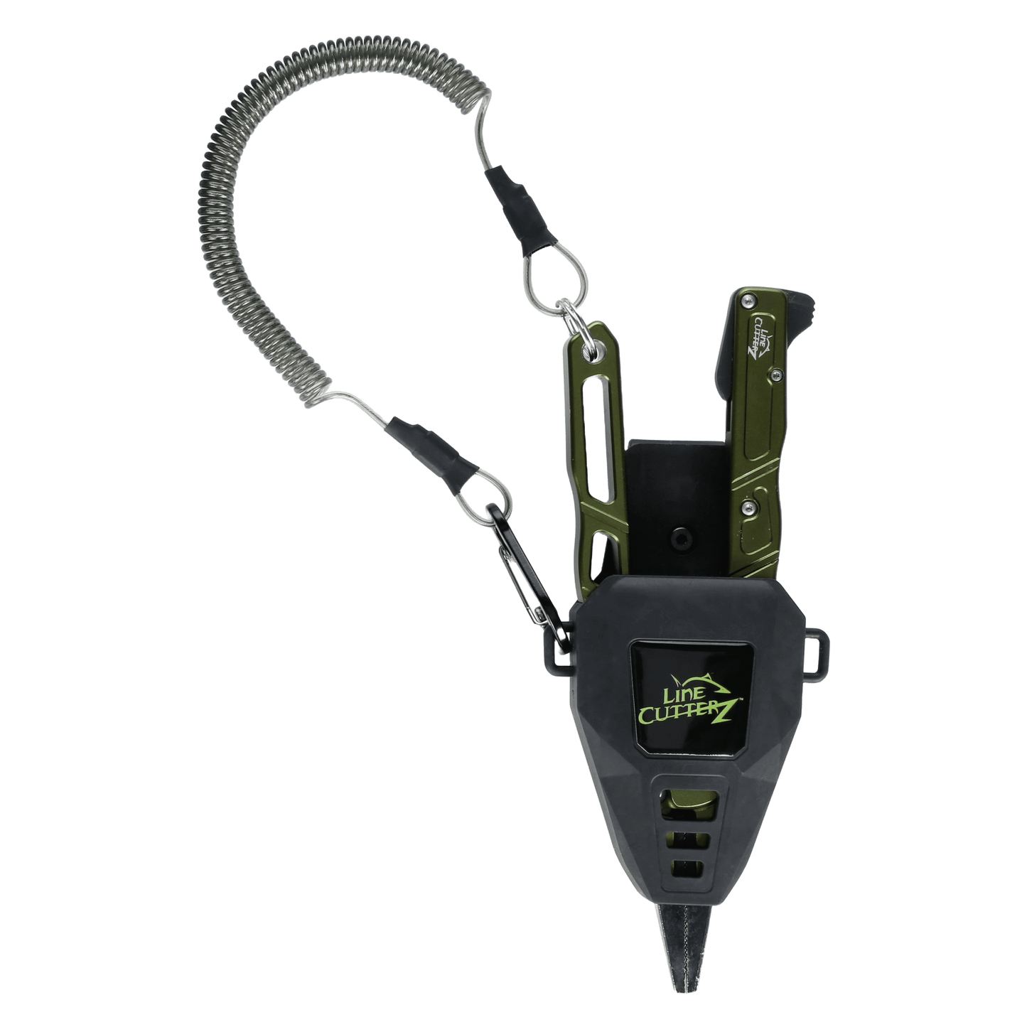 The Line Cutterz Elite Pliers set features a green metal ceramic blade cutter, black plastic holder, coiled lanyard, retractable clip, and "Line Cutterz" label—a must-have fishing tool for anglers.