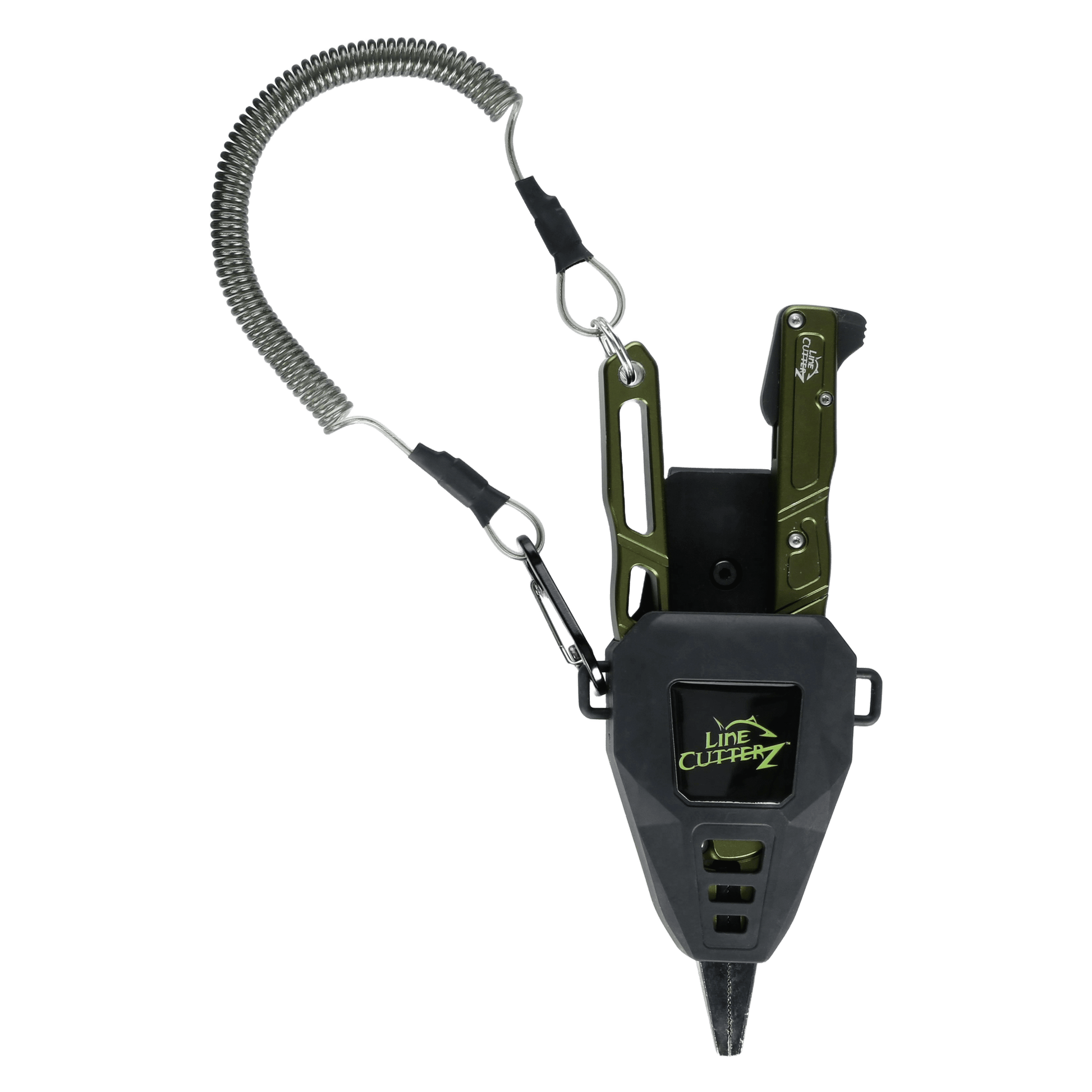 The Line Cutterz Elite Pliers set features a green metal ceramic blade cutter, black plastic holder, coiled lanyard, retractable clip, and "Line Cutterz" label—a must-have fishing tool for anglers.