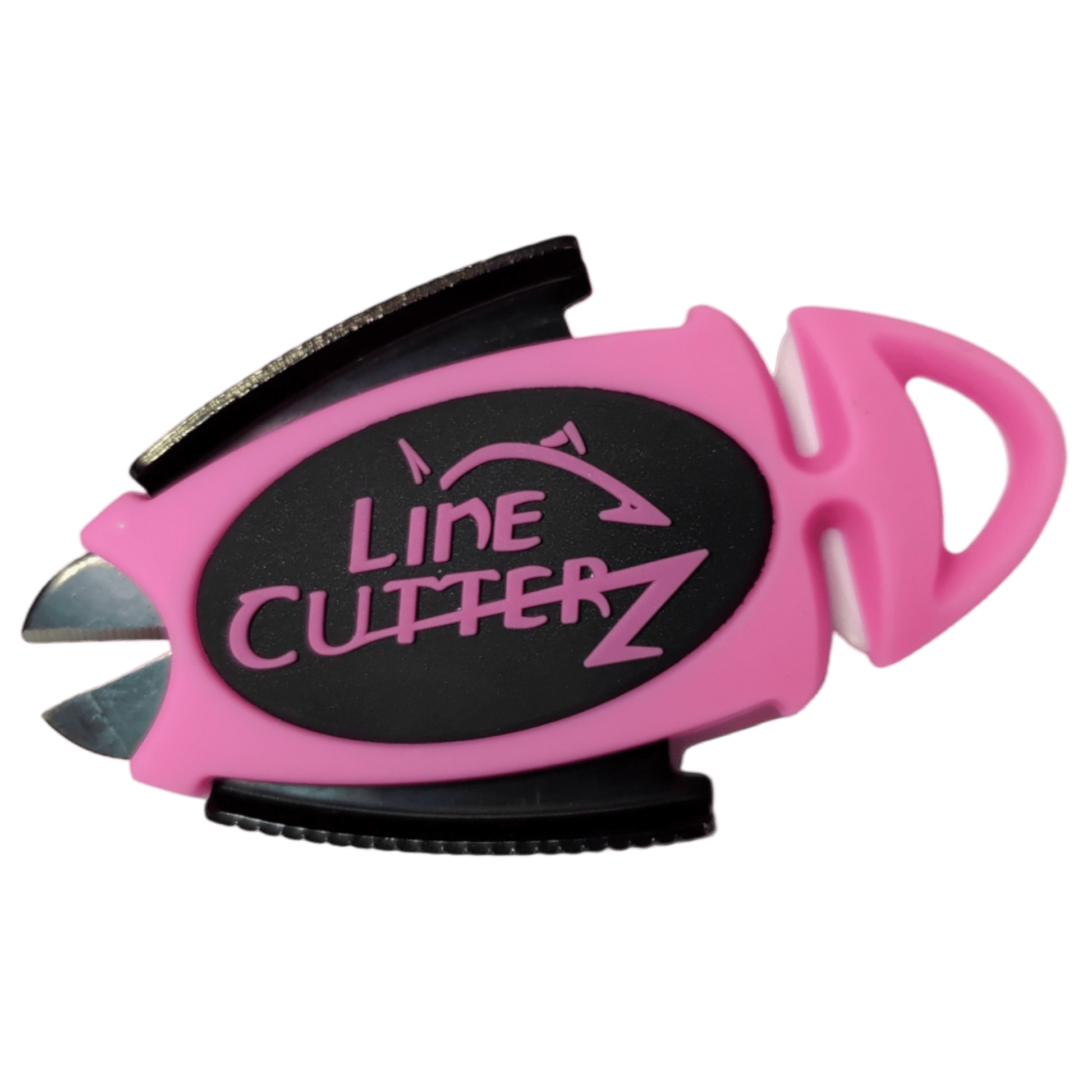 The Line Cutterz Dual Hybrid Micro Scissors by Line Cutterz is a pink and black fishing line cutter tool with metal blades, ceramic cutting technology, a hook-shaped handle, and features the brand name and fish logo.
