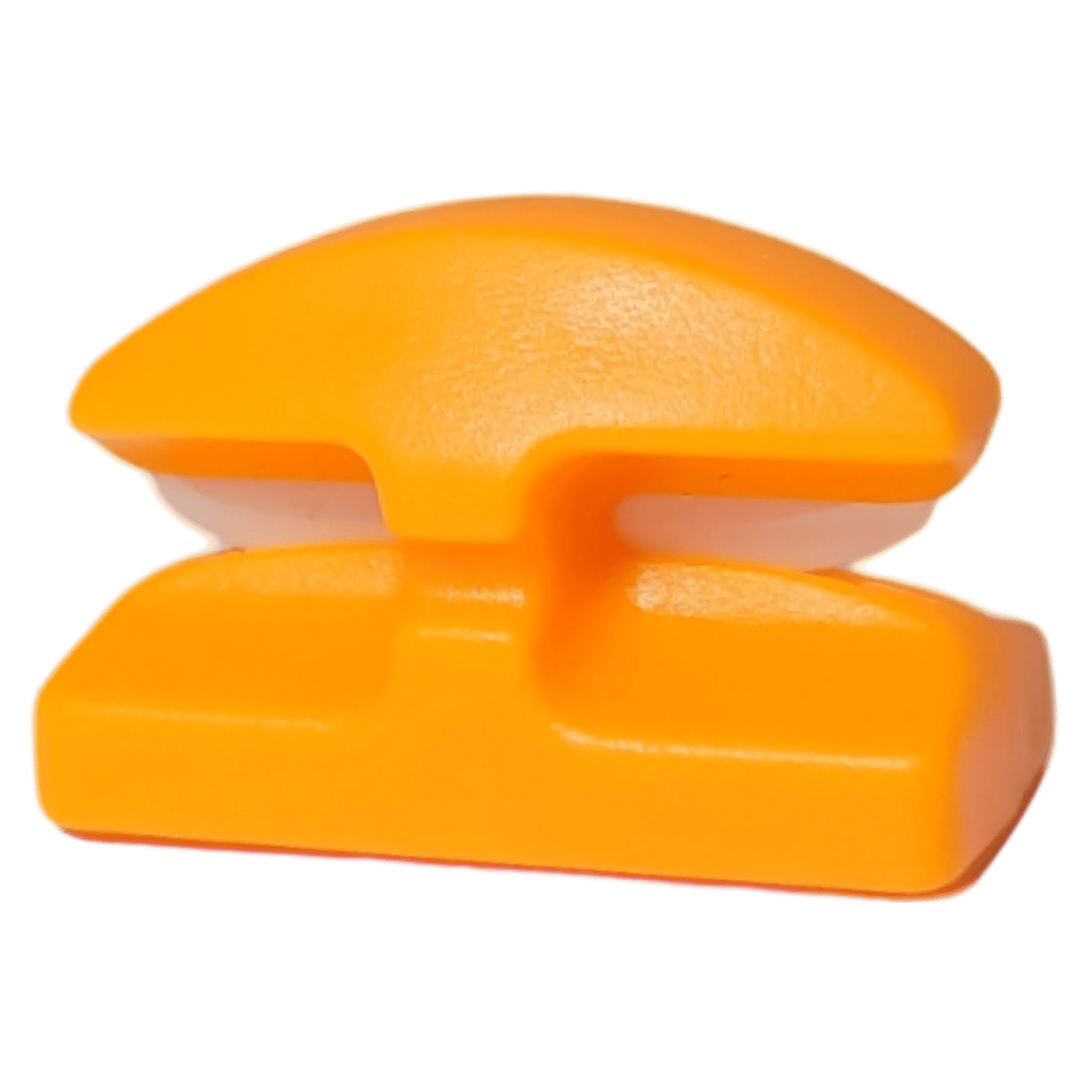 The Line Cutterz Ceramic Blade Peel & Stick Flat Mount, an orange rust-proof plastic fishing line cutter with a curved top, flat base, central groove, and white inner section, is shown against a white background.