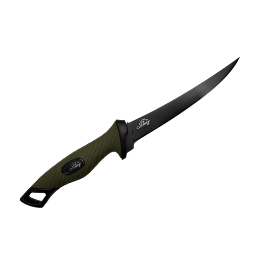 The Line Cutterz Elite Fillet Knife by Line Cutterz features a curved black stainless steel blade and an olive green textured handle with a black logo near the hilt, shown on a white background—ideal for precise fishing cuts.