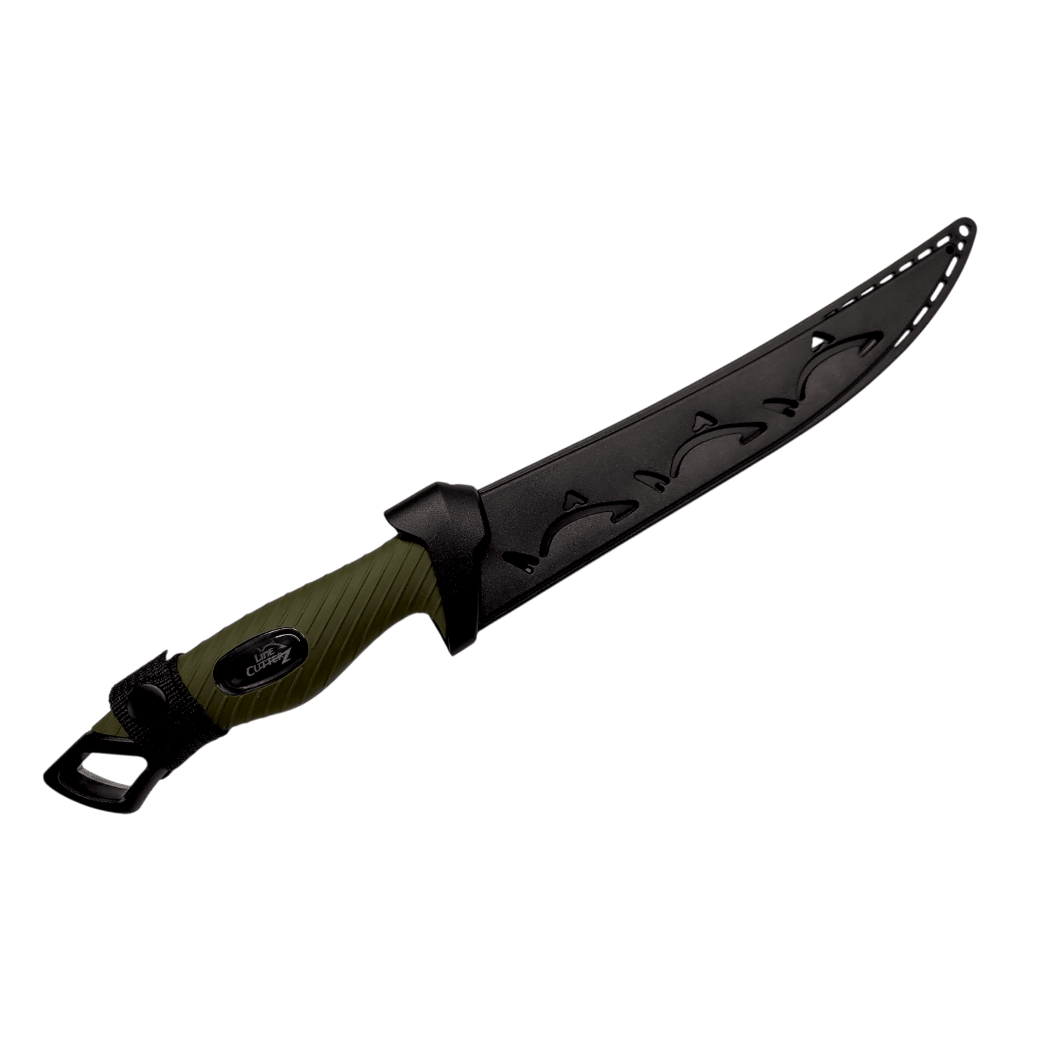 The Line Cutterz Elite Fillet Knife by Line Cutterz features a curved stainless steel blade with a black sheath, a green and black handle with a lanyard hole, and is shown on a plain white background.