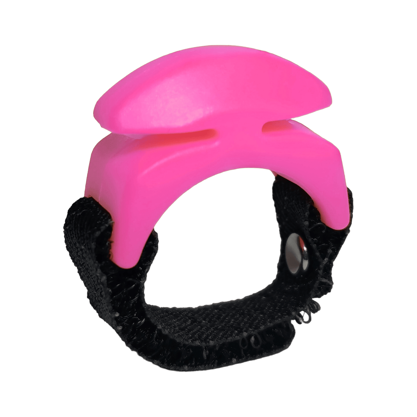 The Line Cutterz Ceramic Blade Ring by Line Cutterz is a black adjustable strap with a pink, curved plastic piece resembling a fishing line cutter or finger guard, designed for convenience and shown on a plain white background.