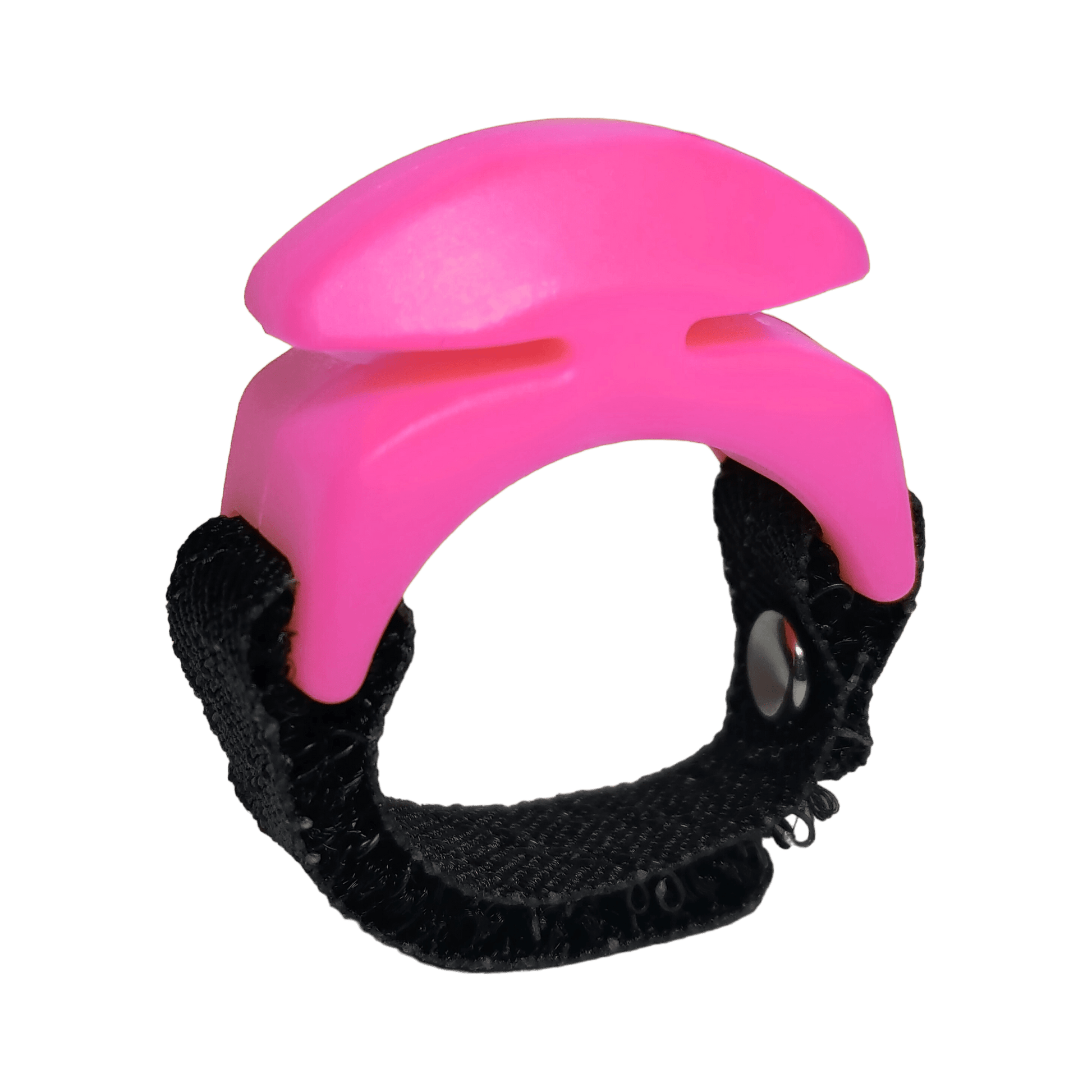 The Line Cutterz Ceramic Blade Ring by Line Cutterz is a black adjustable strap with a pink, curved plastic piece resembling a fishing line cutter or finger guard, designed for convenience and shown on a plain white background.