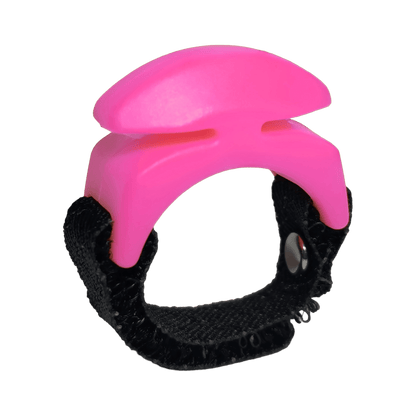 The Line Cutterz Ceramic Blade Ring by Line Cutterz is a black adjustable strap with a pink, curved plastic piece resembling a fishing line cutter or finger guard, designed for convenience and shown on a plain white background.
