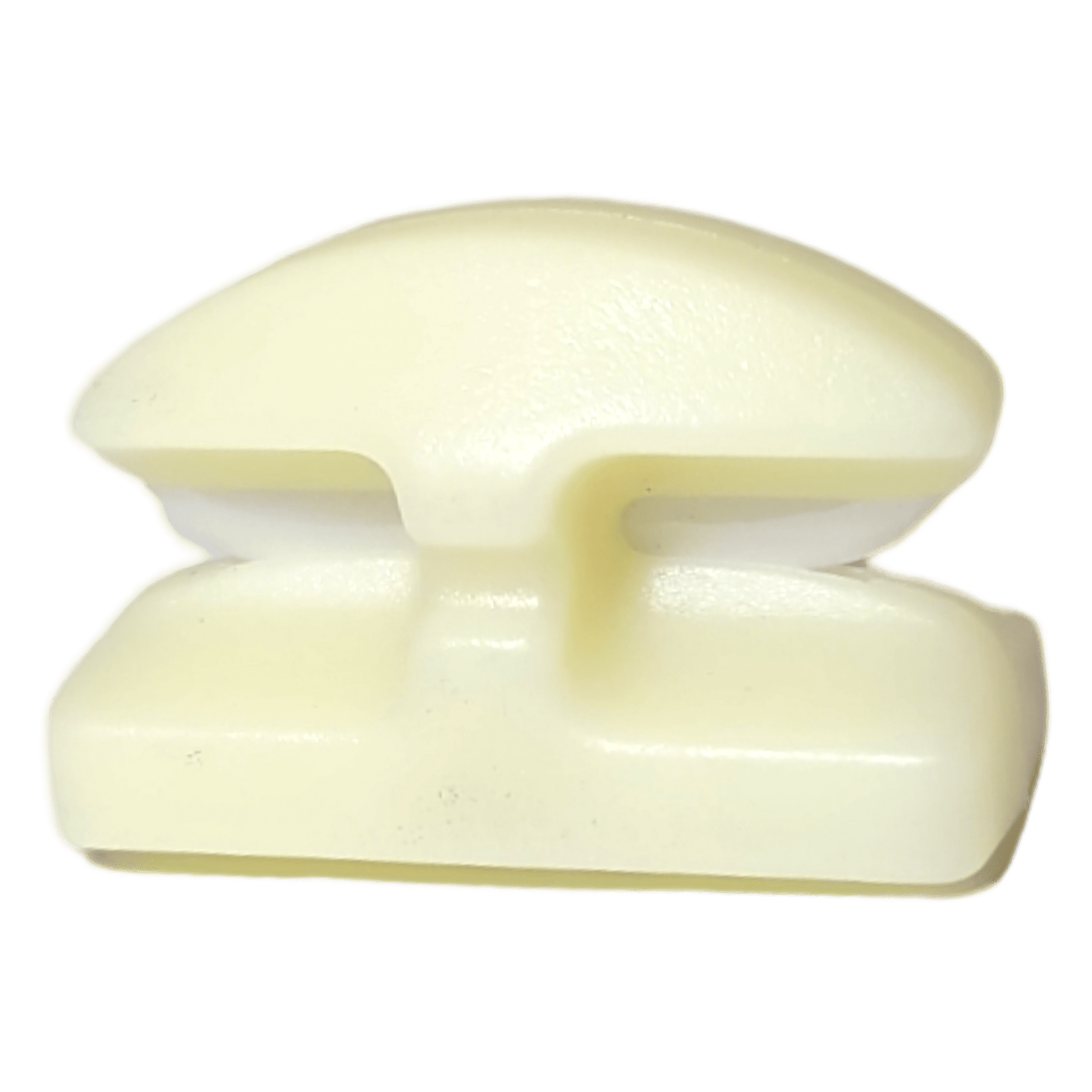 A close-up of the Line Cutterz Ceramic Blade Peel & Stick Flat Mount, a compact off-white fishing line cutter by Line Cutterz with a rounded top, central slot, and flat base for secure ceramic blade storage, shown against a plain white background.