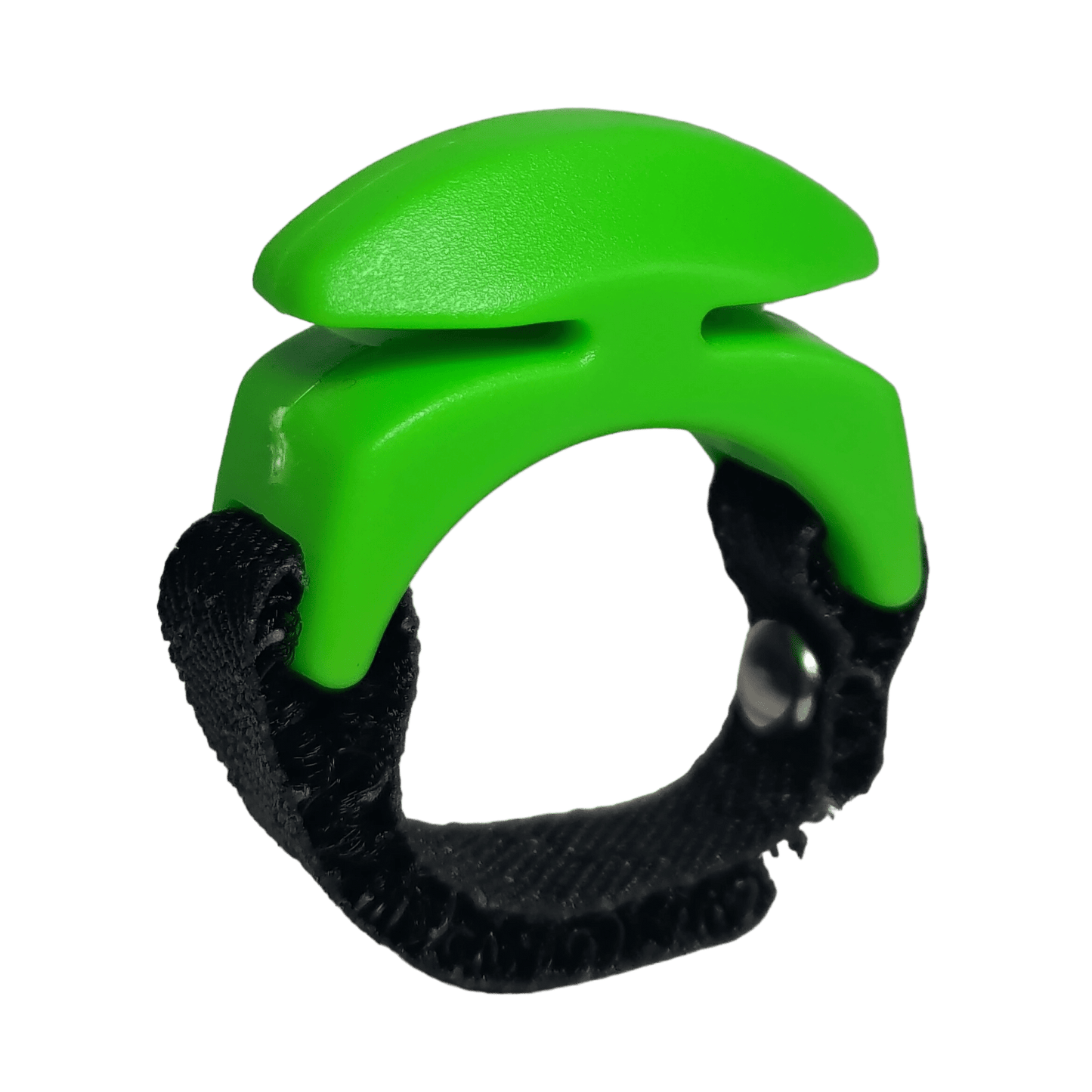 A close-up of the Line Cutterz Ceramic Blade Ring by Line Cutterz, a small green fishing line cutter with a curved top and ceramic blade, attached to a black adjustable strap, shown against a plain white background.