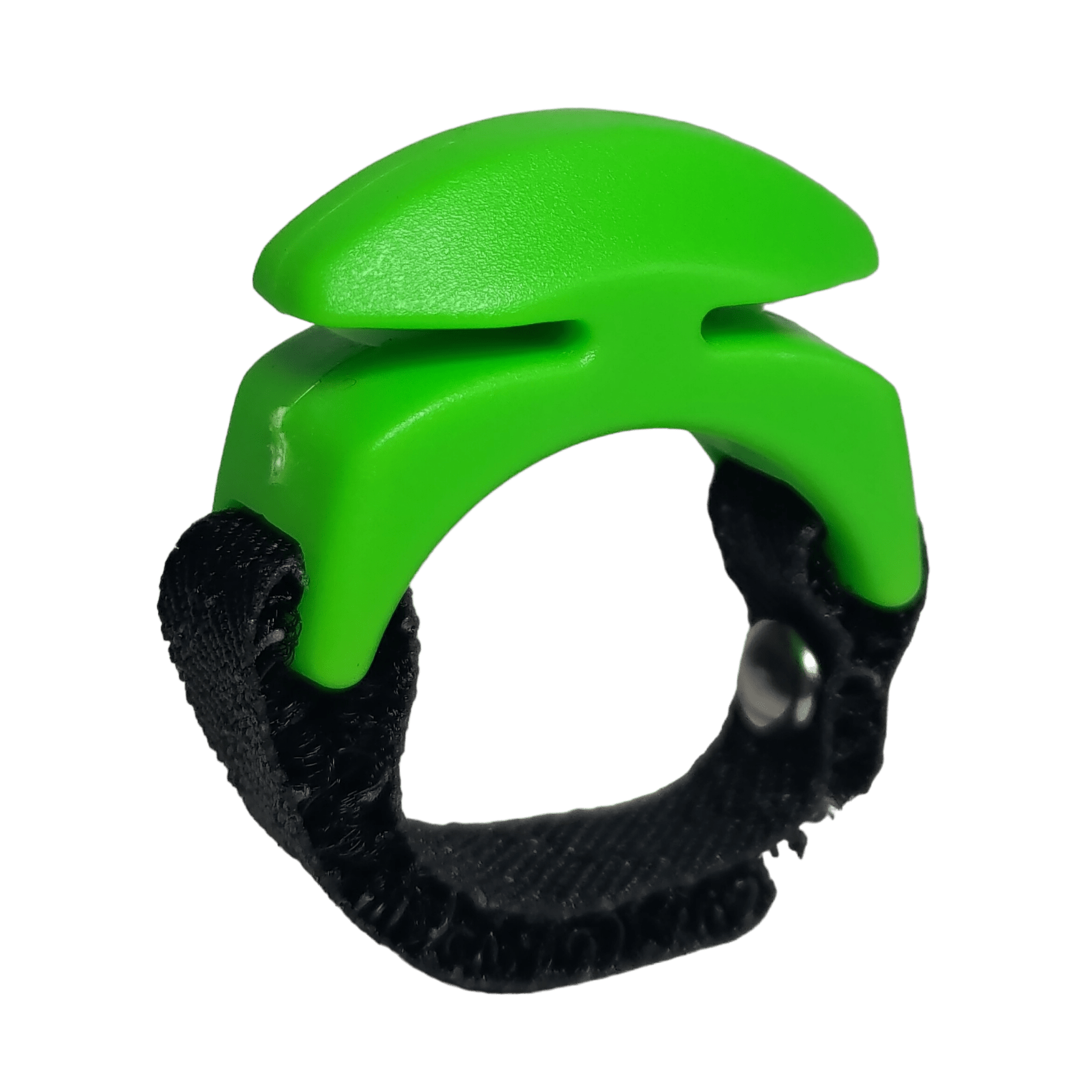 A close-up of the Line Cutterz Ceramic Blade Ring by Line Cutterz, a small green fishing line cutter with a curved top and ceramic blade, attached to a black adjustable strap, shown against a plain white background.