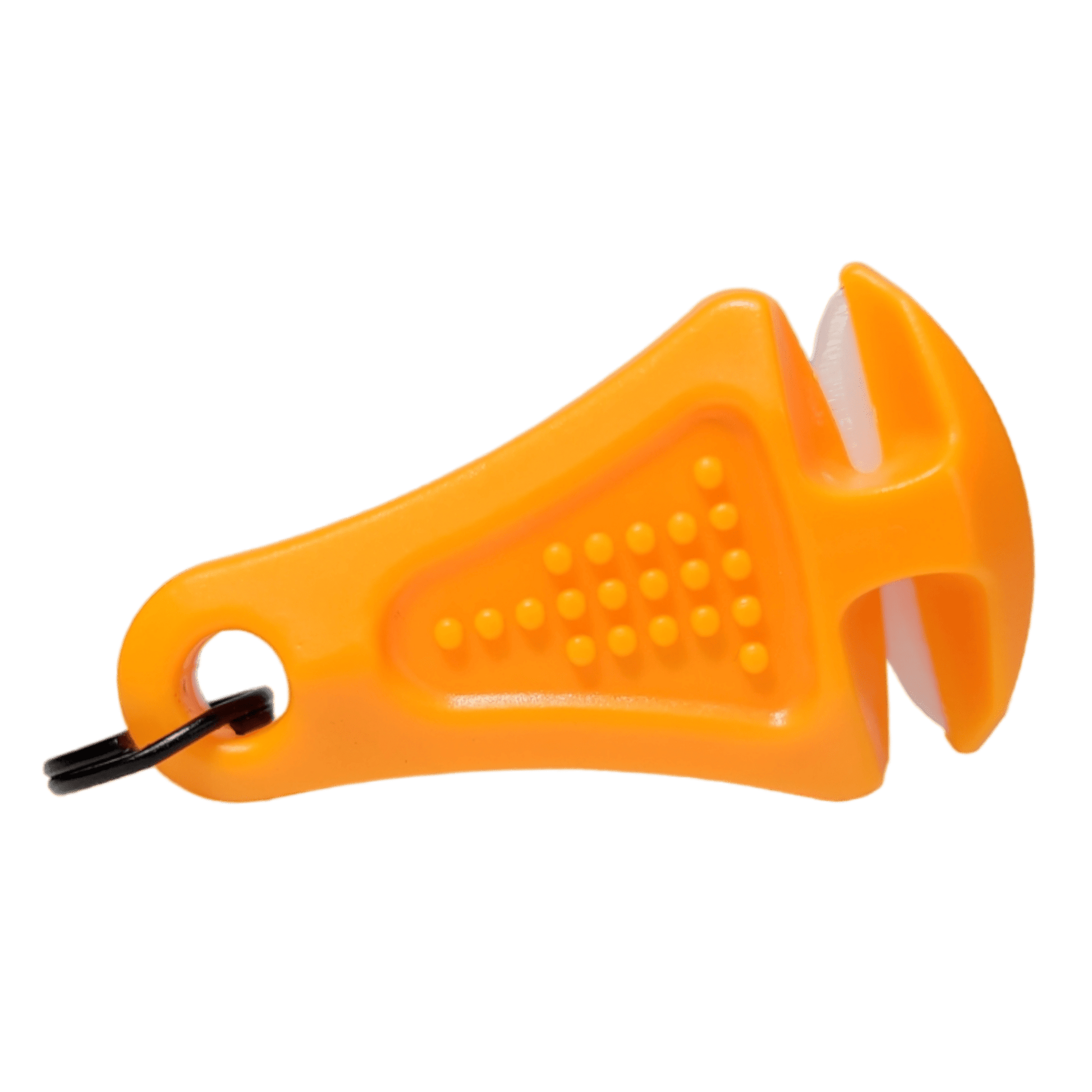 The Line Cutterz Ceramic Blade Zipper Pull by Line Cutterz is a small orange plastic cutter with a textured grip, rounded end, and keyring hole—ideal for easy line cutting and as a convenient zipper-mounted accessory.