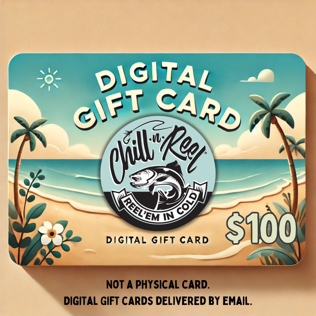 Illustration of a Chill-N-Reel Gift Card valued at $100, showcasing a tranquil beach scene adorned with palm trees, ocean waves, and vibrant flowers. At its center is the Chill-N-Reel® logo featuring a fish alongside the phrase "Reel 'Em In Cold," making it a perfect addition to any angler's collection.