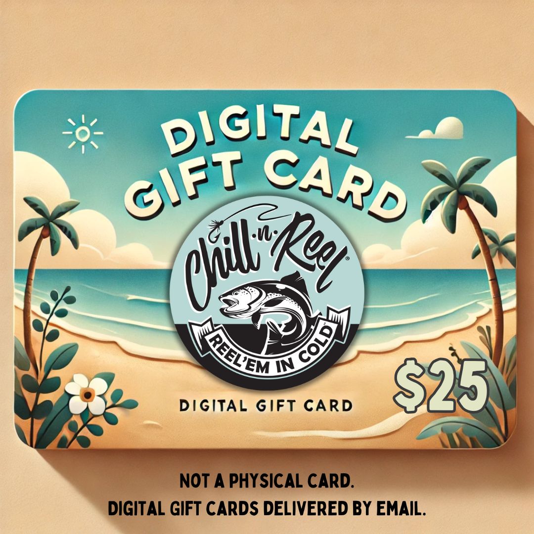 A $25 Chill-N-Reel® Gift Card is an ideal choice for the avid fisherman, showcasing a beach scene with palm trees, ocean waves, and flowers. Note that it is not a physical card; digital gift cards are sent via email.