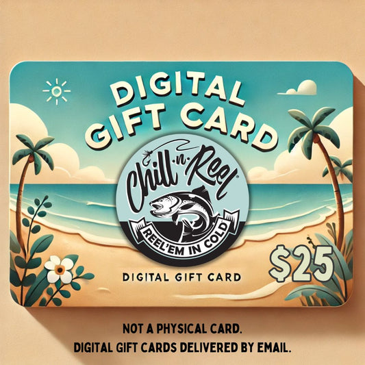 A $25 Chill-N-Reel® Gift Card is an ideal choice for the avid fisherman, showcasing a beach scene with palm trees, ocean waves, and flowers. Note that it is not a physical card; digital gift cards are sent via email.