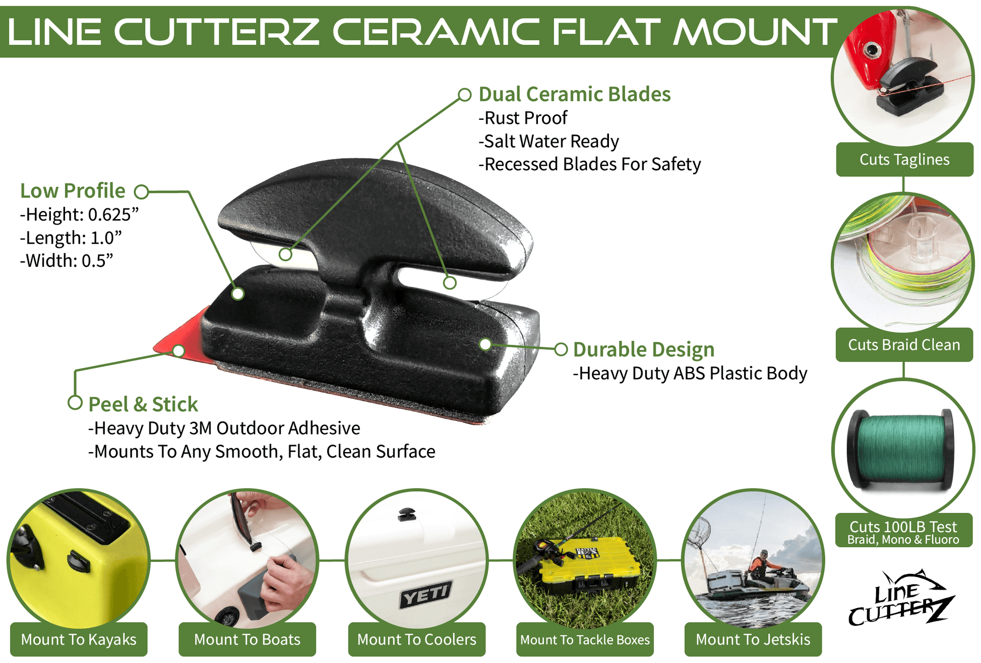 Infographic of the Line Cutterz "TRIPLE PLAY" Fishing Line Cutter Multi-Pack, featuring a black, low-profile design with adhesive backing. Icons and text highlight key features, uses, and compatible surfaces.