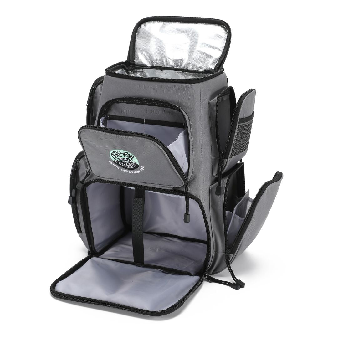 A gray fishing tackle backpack from Chill-N-Reel® features multiple compartments with zippered pockets, including a large main open section and smaller side pockets. The top flap is open, showcasing an insulated lining ideal for cooler storage. The logo on the front pocket reads "Chill-N-Reel®.