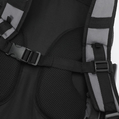 Close-up of the strap on the Chill-N-Reel® Fishing Tackle Backpack with Cooler Top, showcasing a robust black buckle and adjustable webbing in black and gray. This backpack features mesh padding to enhance comfort and support, highlighting its ergonomic design, functionality, and effective tackle storage solutions.