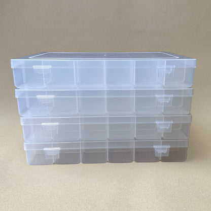 A set of three Fishing Tackle Box Sets with Adjustable Dividers and Size 3600 Trays by Chill-N-Reel®, featuring transparent, stackable plastic boxes elegantly displayed on a neutral beige background.