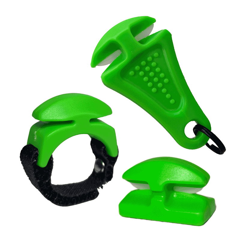 The Line Cutterz "TRIPLE PLAY" Fishing Line Cutter Multi-Pack features three bright green tools—a cutter with keyring and textured grip, one with a black adjustable strap, and a standalone piece—displayed on a white background.