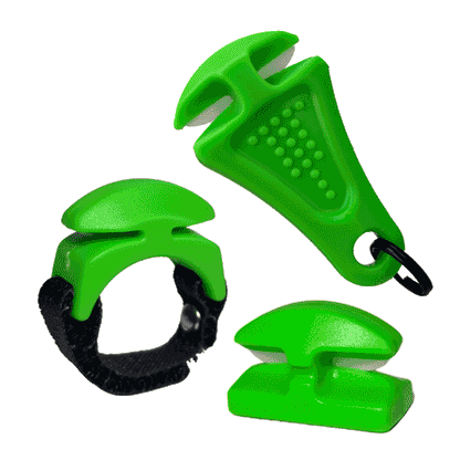 The Line Cutterz "TRIPLE PLAY" Fishing Line Cutter Multi-Pack features three bright green tools—a cutter with keyring and textured grip, one with a black adjustable strap, and a standalone piece—displayed on a white background.