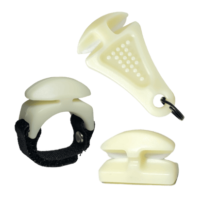 Three off-white plastic holders—one with a keyring, one with a black adjustable strap, and one standalone—are shown on white, echoing the compact design of Line Cutterz’s "TRIPLE PLAY" Fishing Line Cutter Multi-Pack.