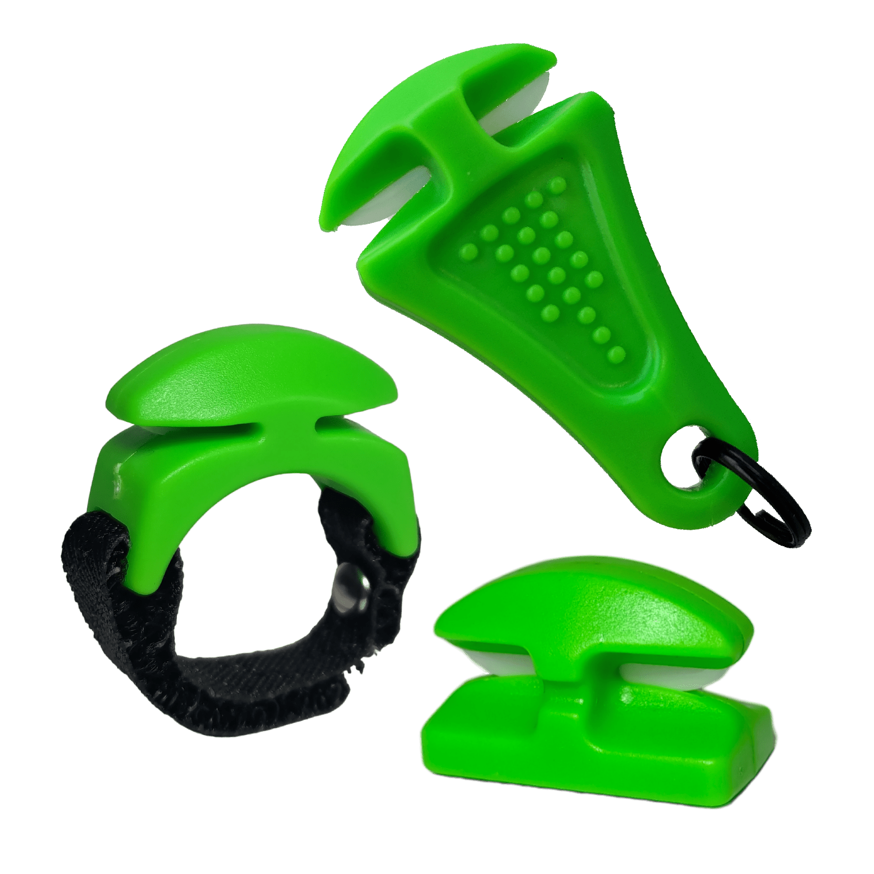 The Line Cutterz "TRIPLE PLAY" Fishing Line Cutter Multi-Pack features three green plastic devices with curved geometric shapes—a ceramic blade ring cutter, a keyring tool with textured surface, and a small stand—on a white background.