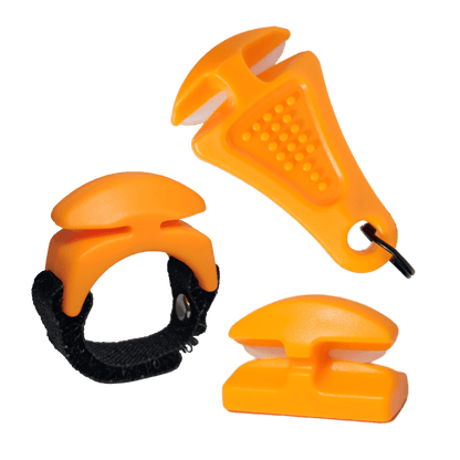 The Line Cutterz "TRIPLE PLAY" Fishing Line Cutter Multi-Pack includes three orange plastic paddle holders—one with a black Velcro strap, one with a keyring, and one freestanding—all featuring a curved textured design.