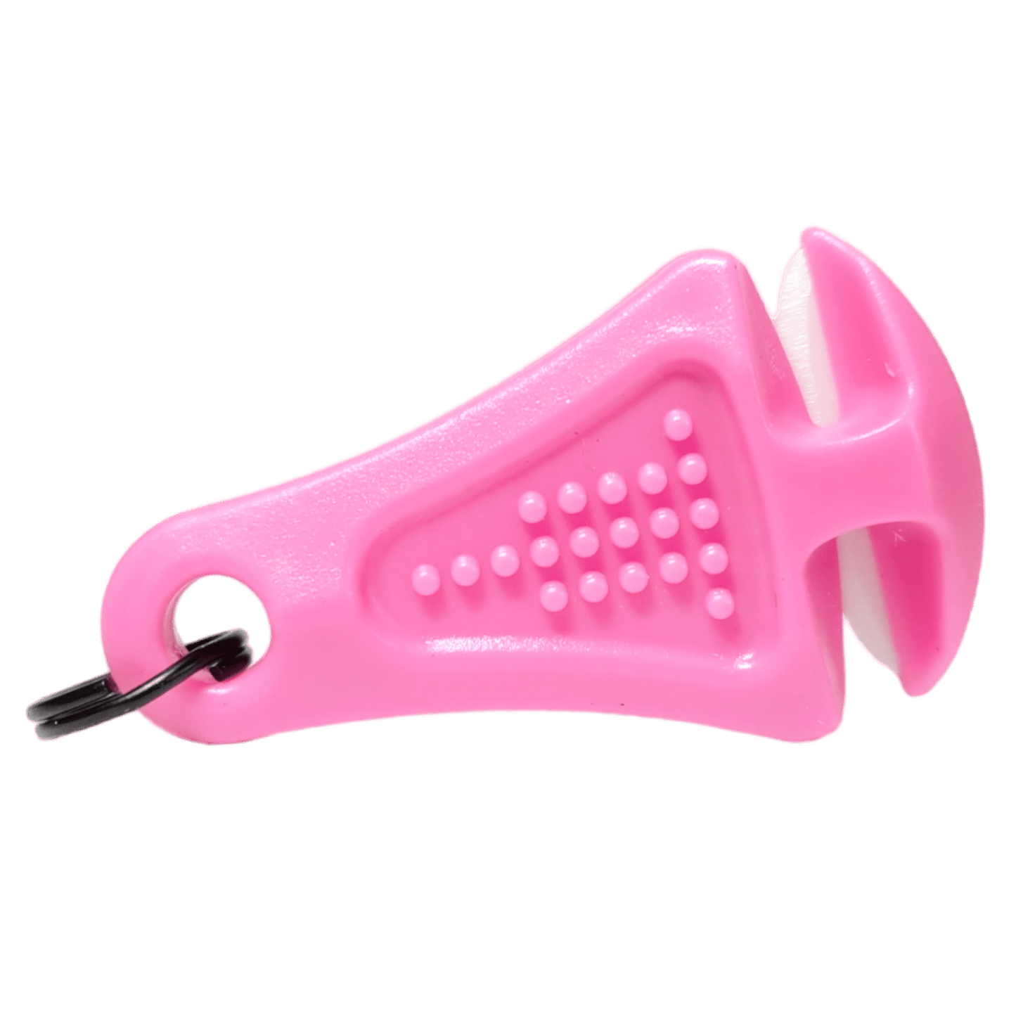 The Line Cutterz Ceramic Blade Zipper Pull is a pink plastic fishing line cutter with a white ceramic blade, textured grip, and black keyring—ideal for attaching to your zipper.