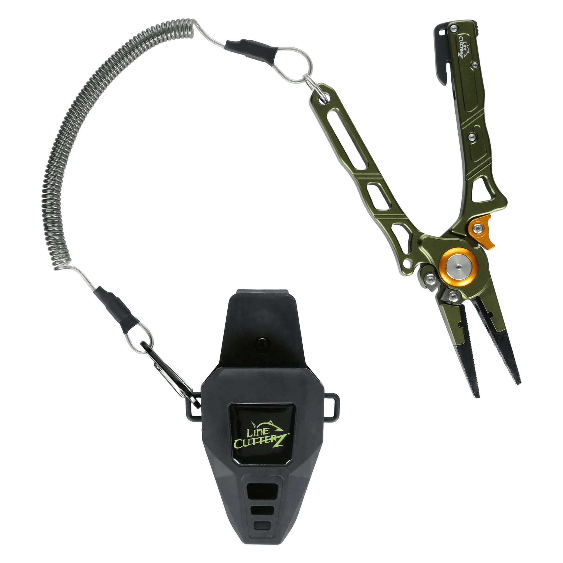 The Line Cutterz Elite Pliers, by Line Cutterz, feature green pliers with gold accents, a retractable coil lanyard, a black belt clip holder with the logo, and a ceramic blade cutter, all shown on a white background.