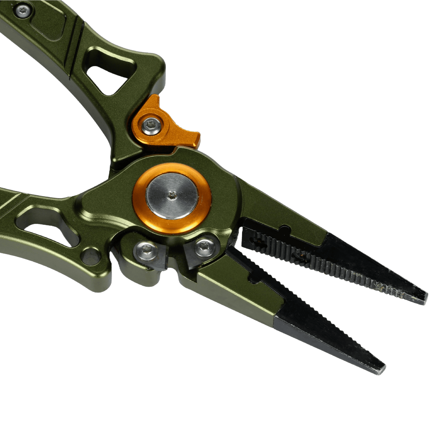 Close-up of Line Cutterz Elite Pliers by Line Cutterz, shown in green and orange with a metallic finish, detailed line cutter at the jaws, and sturdy pivot mechanism on a light background.