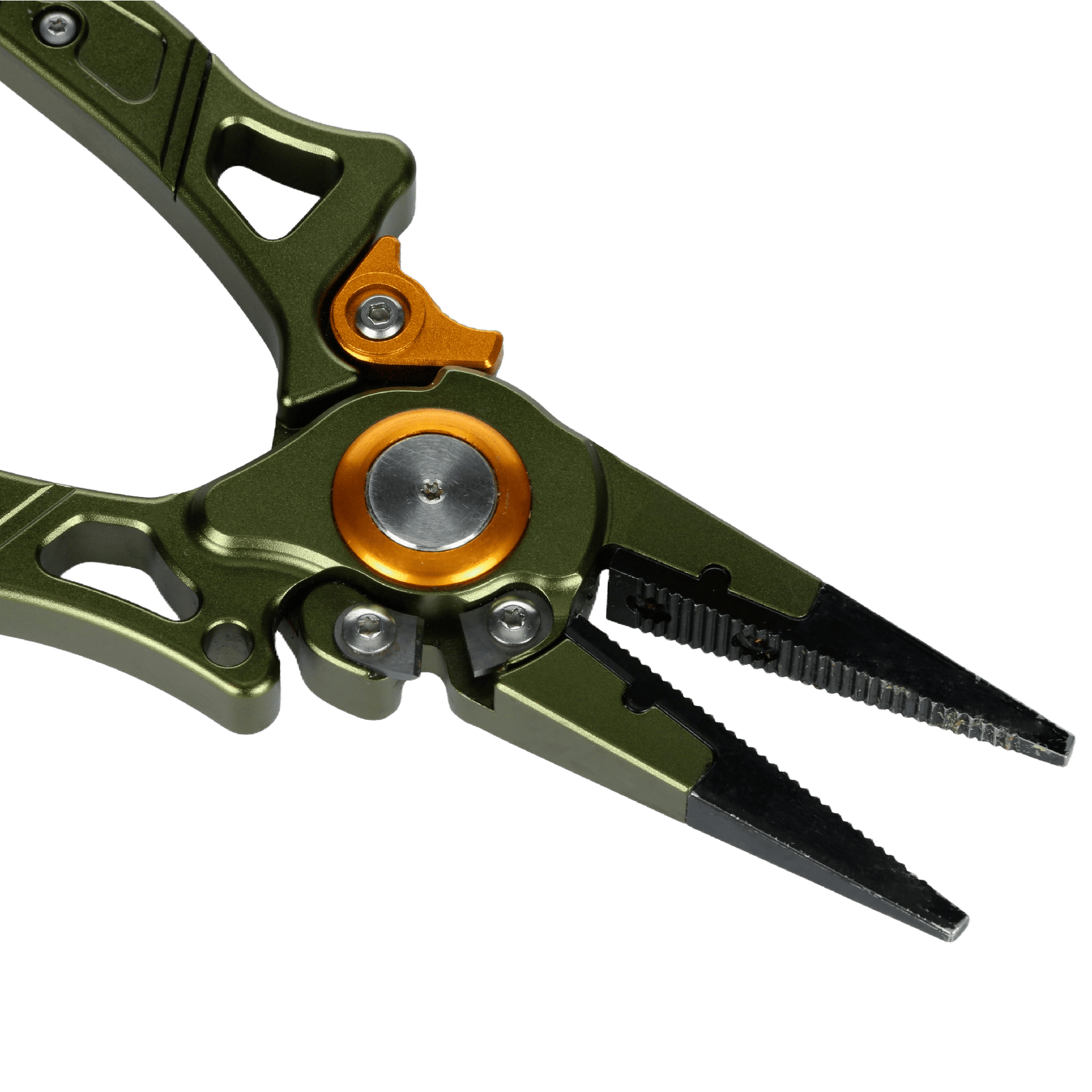 Close-up of Line Cutterz Elite Pliers by Line Cutterz, shown in green and orange with a metallic finish, detailed line cutter at the jaws, and sturdy pivot mechanism on a light background.