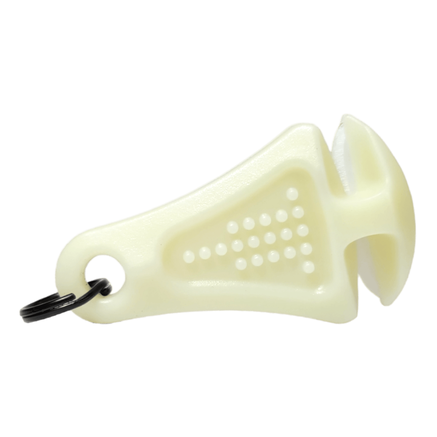 The Line Cutterz Ceramic Blade Zipper Pull by Line Cutterz is a compact, off-white plastic fishing line cutter with a textured grip, keyring hole, and curved notched blade, shown on a plain white background.