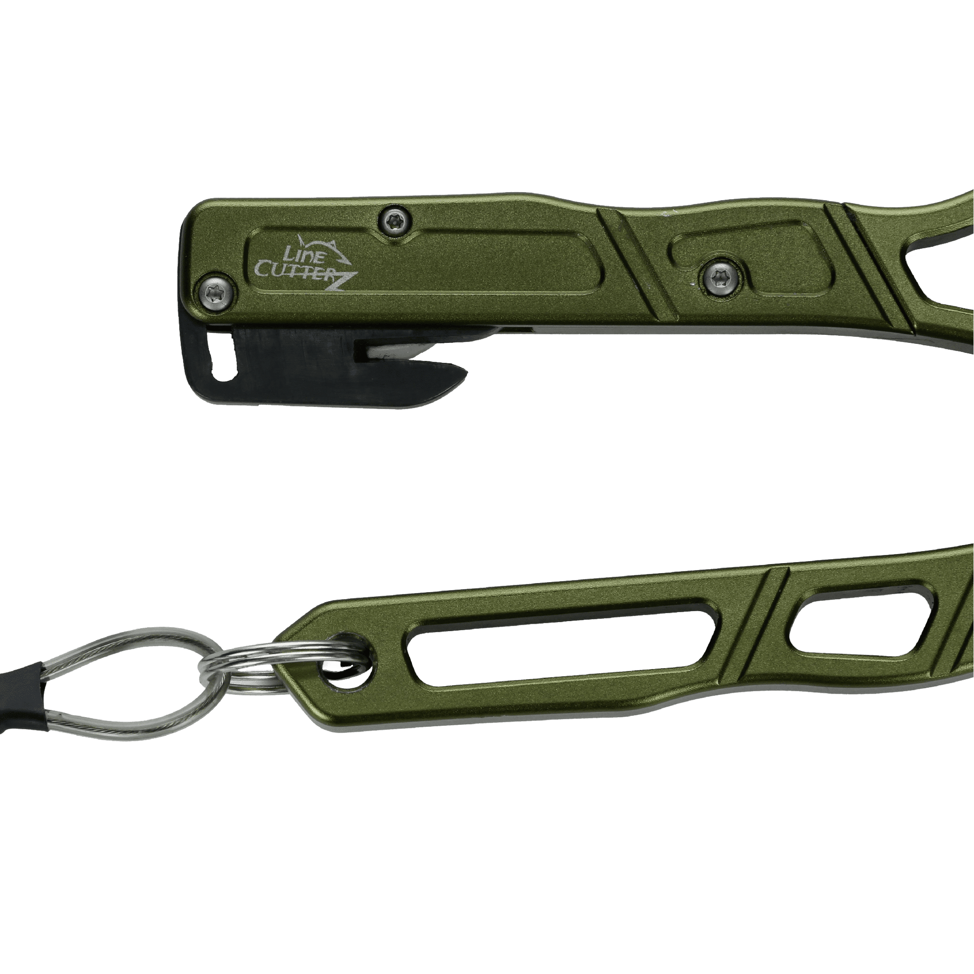 Close-up of green Line Cutterz Elite Pliers with a hook and partially open design, attached to a metal ring. This fishing tool features a ceramic blade for cutting lines and is branded by Line Cutterz.