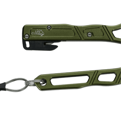 Close-up of green Line Cutterz Elite Pliers with a hook and partially open design, attached to a metal ring. This fishing tool features a ceramic blade for cutting lines and is branded by Line Cutterz.