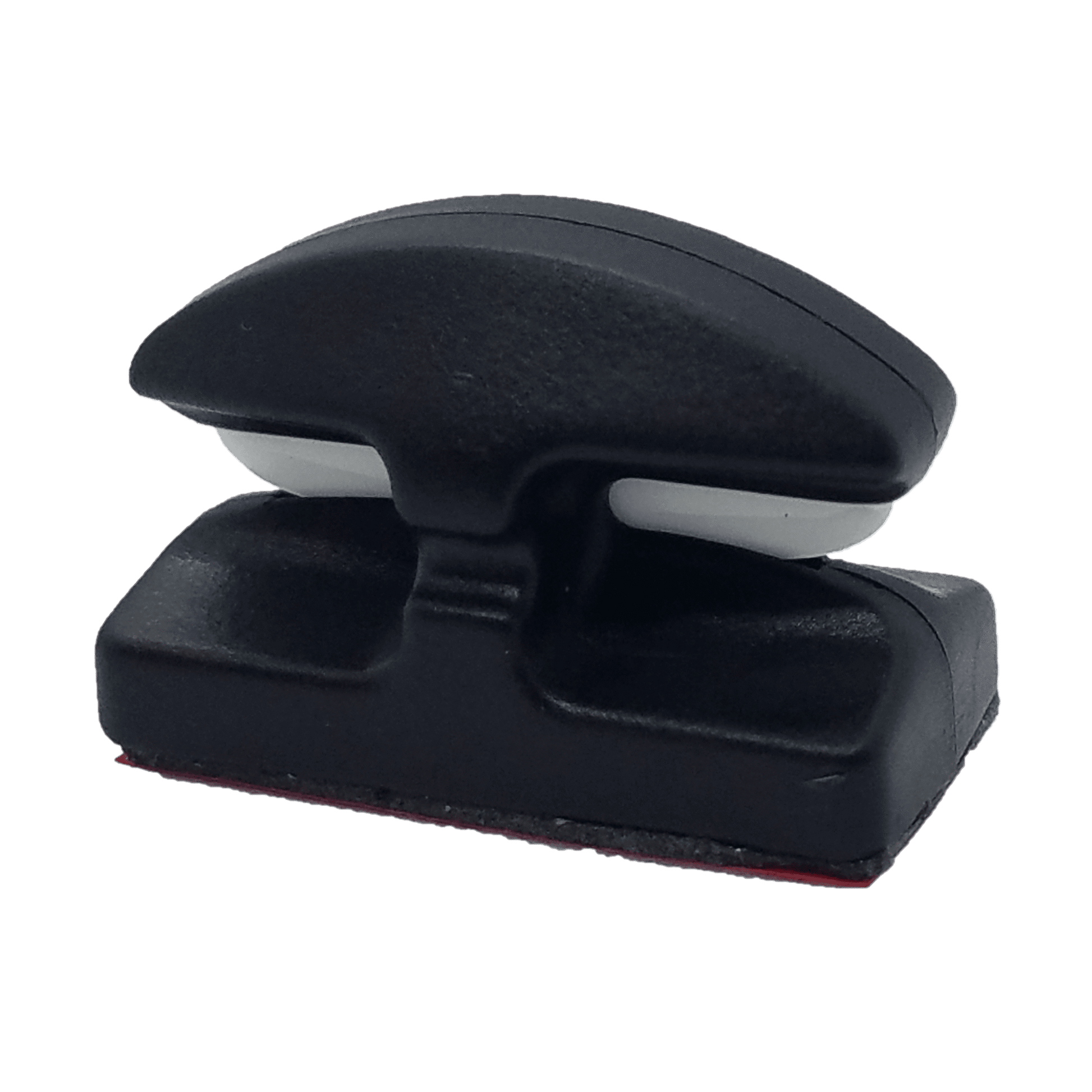 The Line Cutterz Ceramic Blade Peel & Stick Flat Mount by Line Cutterz is a black and white plastic, mountable fishing line cutter with a curved top and flat base, featuring a ceramic blade for easily cutting fishing lines or cables.