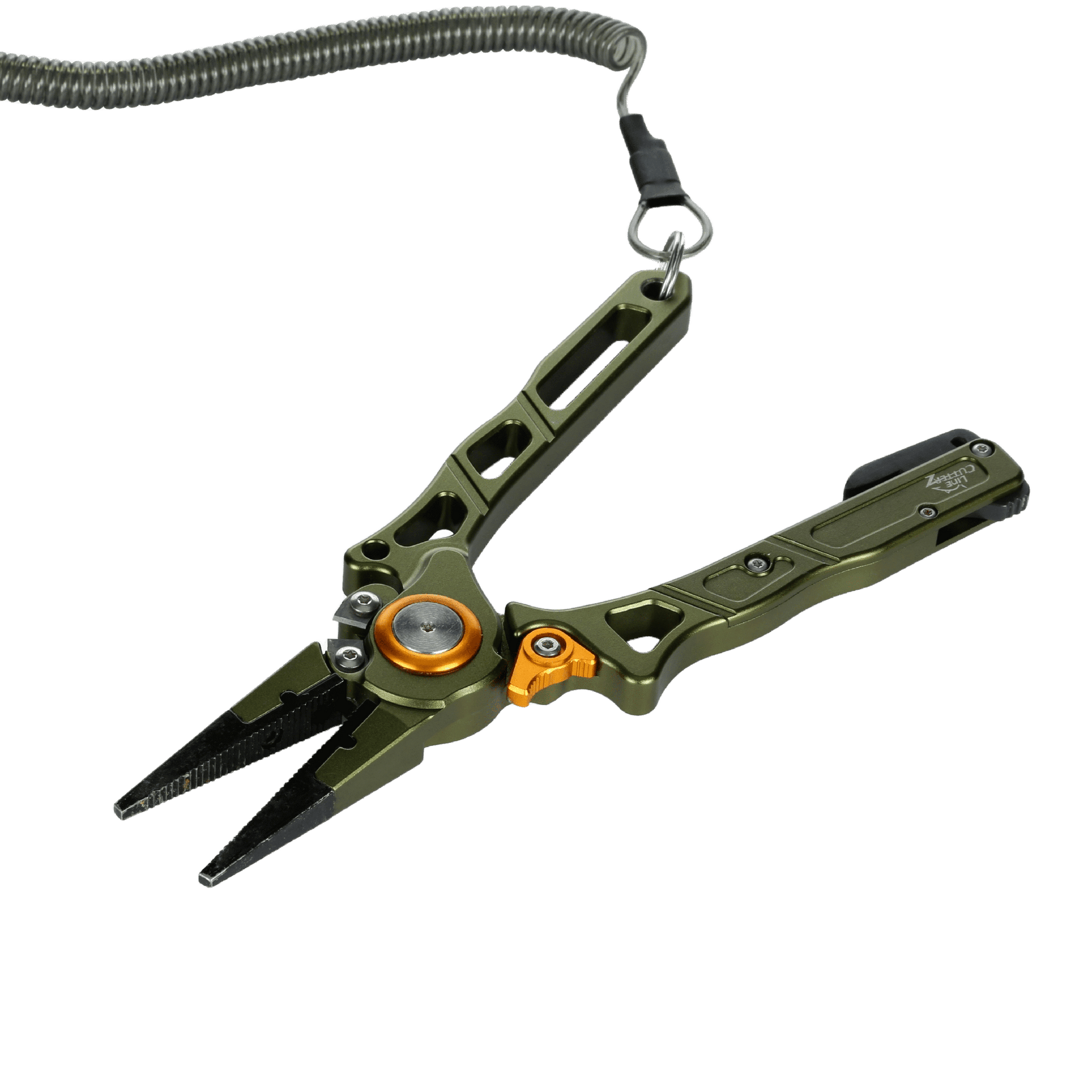 The Line Cutterz Elite Pliers by Line Cutterz, shown open with a green and black finish plus an orange accent, feature a built-in line cutter and are attached to a coiled lanyard on a plain white background.