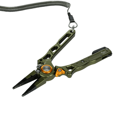 The Line Cutterz Elite Pliers by Line Cutterz, shown open with a green and black finish plus an orange accent, feature a built-in line cutter and are attached to a coiled lanyard on a plain white background.