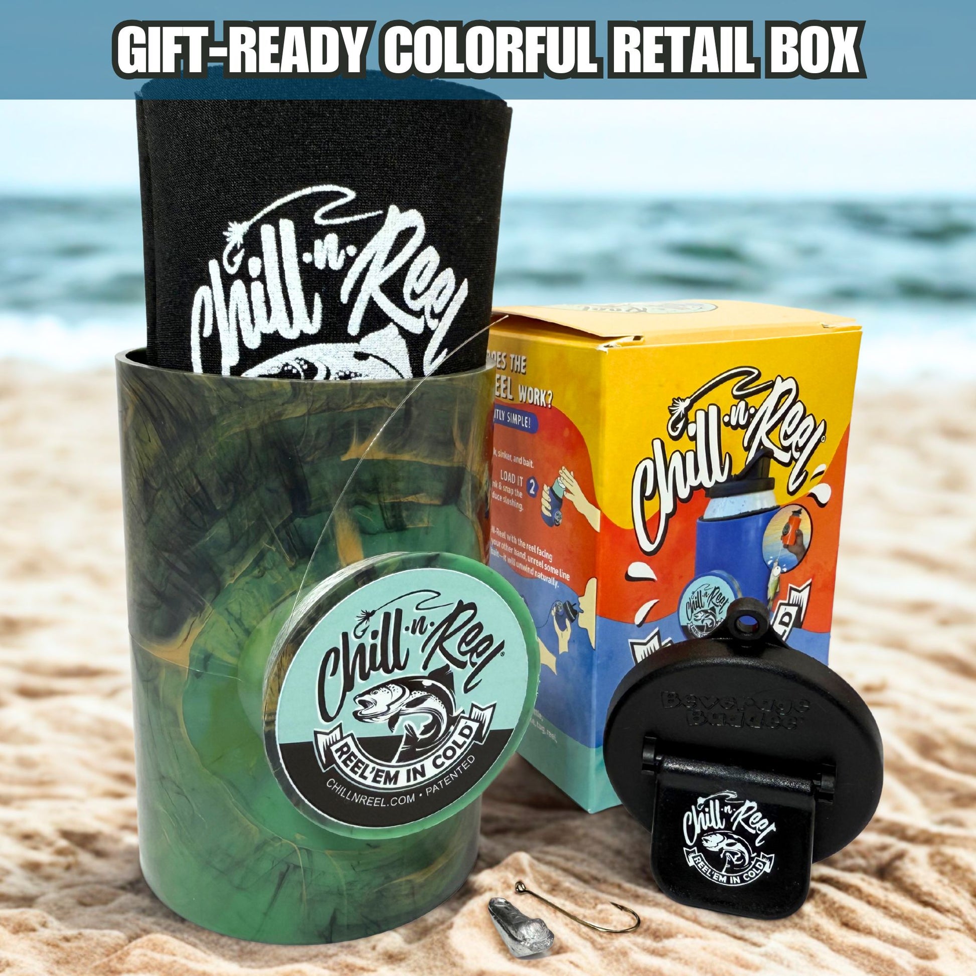 The Original Chill-N-Reel by Chill-N-Reel, including can cooler, hook, and fishing line, is shown with a vibrant retail box on a beach. Text says "Gift-Ready Colorful Retail Box"—the perfect fun gift for any angler.