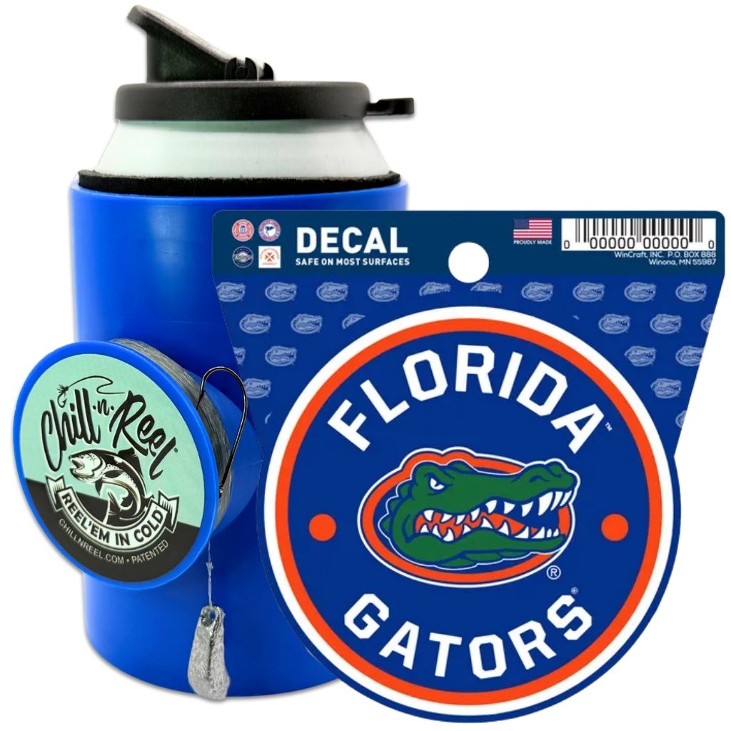 The Chill-N-Reel® Bundle includes an NCAA team decal with a green alligator head on blue, paired with a blue Chill-N-Reel fishing can cooler with attached reel—an ideal gift for Florida Gators fans.