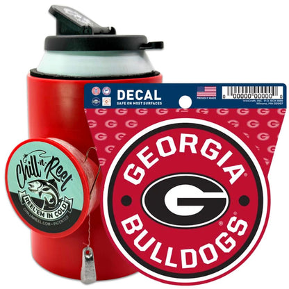 The Chill-N-Reel® Bundle includes an NCAA Team Decal with the Georgia Bulldogs logo and a red fishing can cooler, making it the perfect gift for sports fans who love to fish.