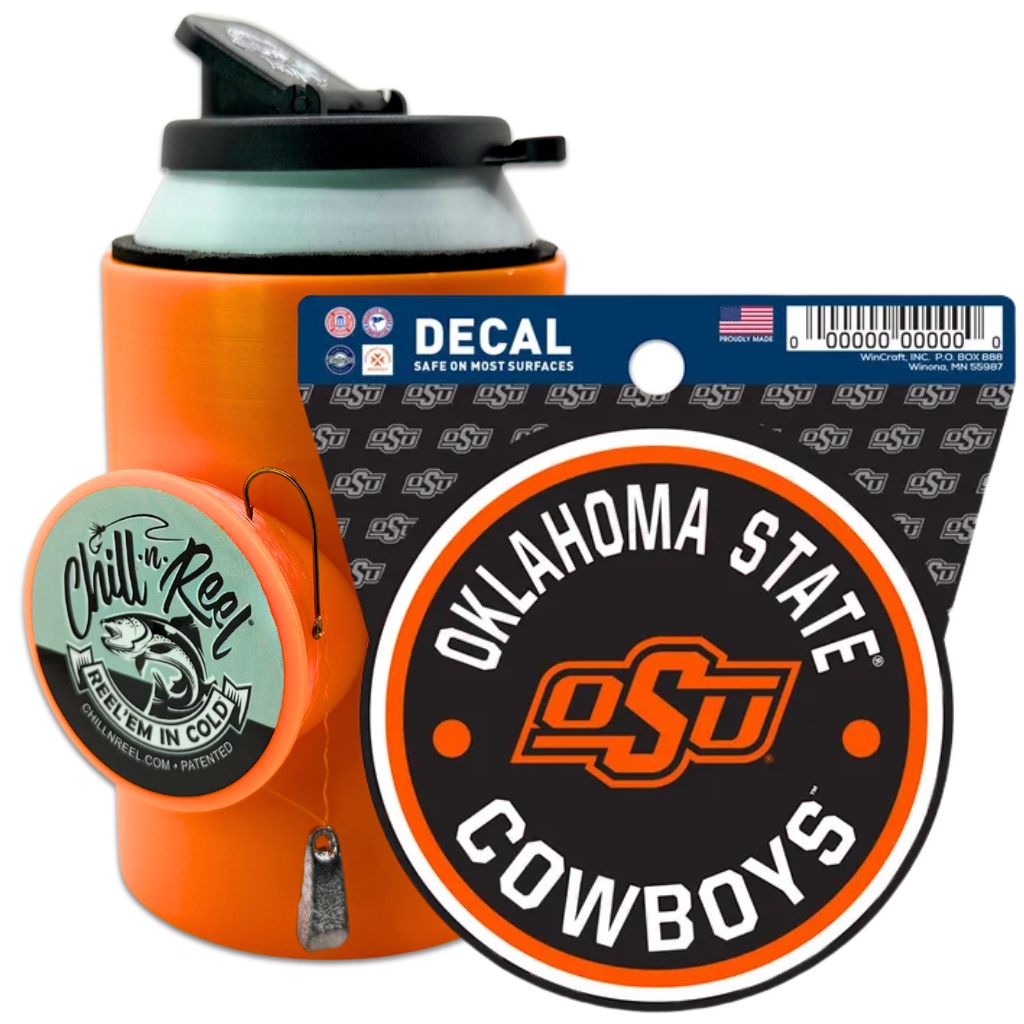 The Chill-N-Reel® Bundle includes an orange insulated water bottle, a fishing lure, and two Oklahoma State Cowboys NCAA team decals—one circular OSU logo and one "Chill n Reel, Reel 'Em In Cold"—a perfect gift for fans who fish.