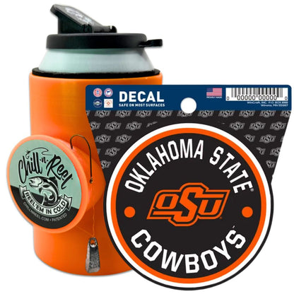 The Chill-N-Reel® Bundle includes an orange insulated water bottle, a fishing lure, and two Oklahoma State Cowboys NCAA team decals—one circular OSU logo and one "Chill n Reel, Reel 'Em In Cold"—a perfect gift for fans who fish.